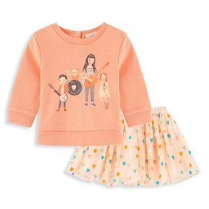 NEW PEEK Baby Peek x Dreamworld 2 Pcs Set Peach Band Sweatshirt Mesh Heart Skirt